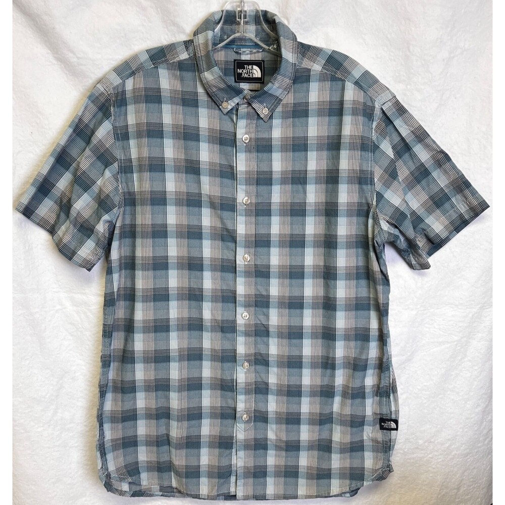 The North Face Shirt Men L Blue Plaid Button Up Hiking Inner Pocket Short Sleeve